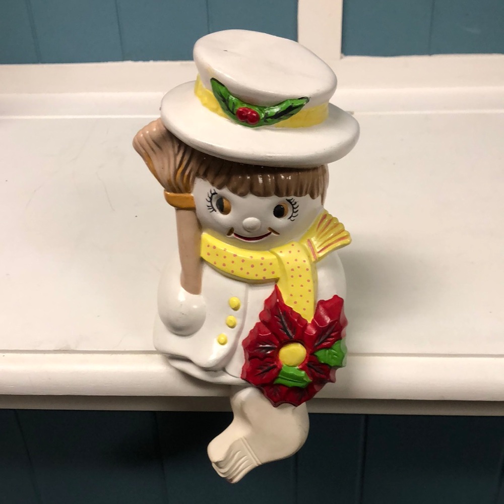 Vintage '87 Christmas Snowman‎ Snowoman edge sitter chalkware chalk ware signed